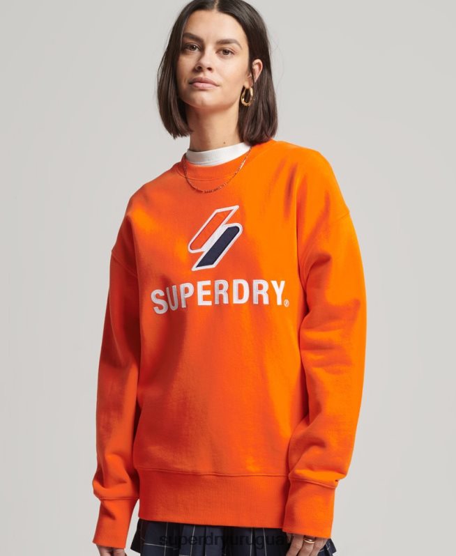 uy Superdry mujer sudadera extragrande con cuello redondo y aplique de código apilado naranja DT2N8Z5803 ropa