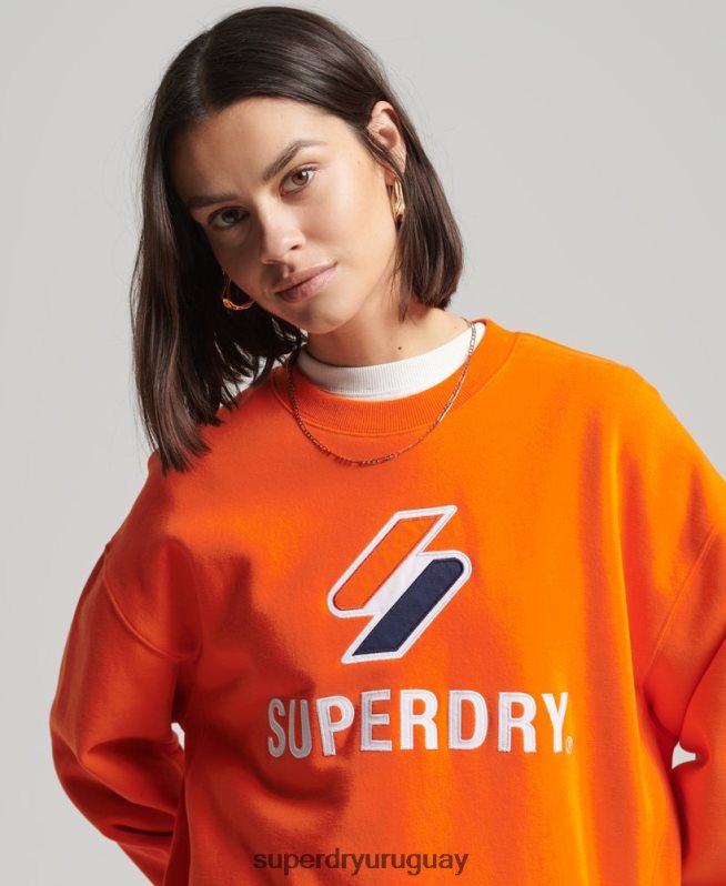uy Superdry mujer sudadera extragrande con cuello redondo y aplique de código apilado naranja DT2N8Z5803 ropa
