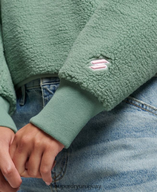 uy Superdry mujer sudadera henley borg con forro suave verde DT2N8Z5914 ropa