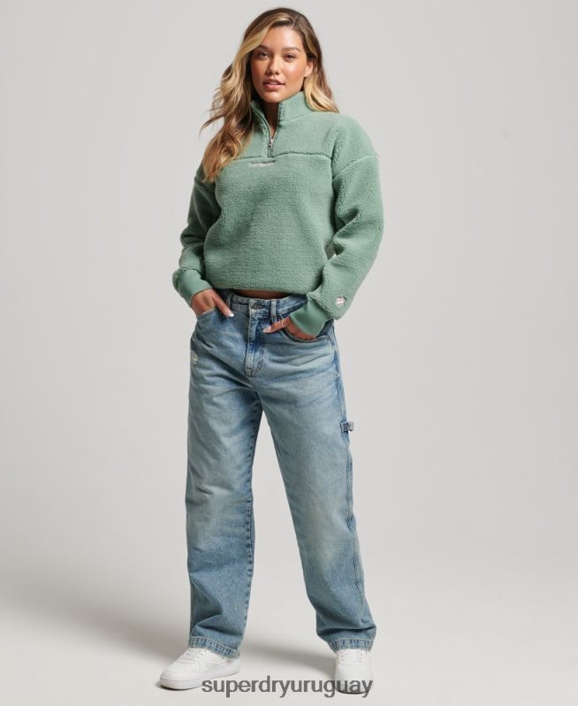 uy Superdry mujer sudadera henley borg con forro suave verde DT2N8Z5914 ropa