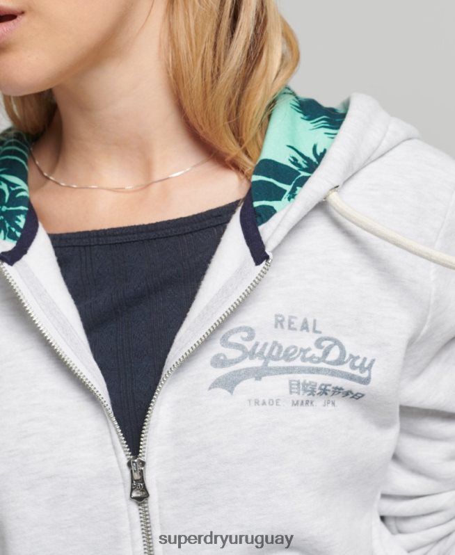 uy Superdry mujer sudadera interior con cremallera y estampado completo gris claro DT2N8Z6668 ropa