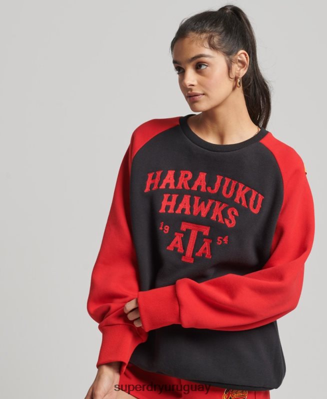 uy Superdry mujer sudadera vintage colegial con cuello redondo y raglán negro DT2N8Z3375 ropa