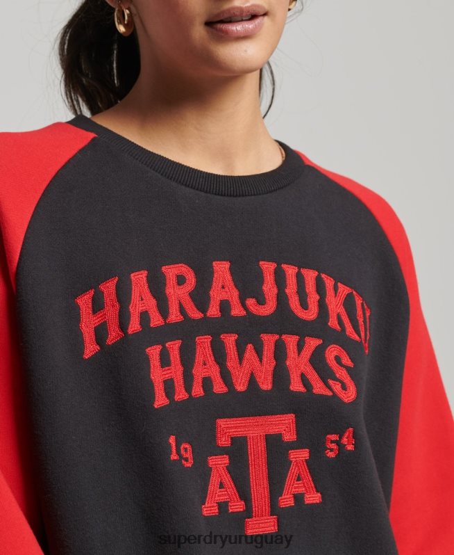 uy Superdry mujer sudadera vintage colegial con cuello redondo y raglán negro DT2N8Z3375 ropa
