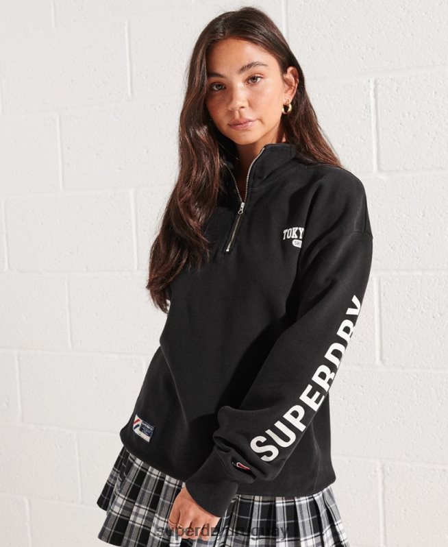 uy Superdry mujer top de chándal extragrande con media cremallera de city college negro DT2N8Z3345 ropa