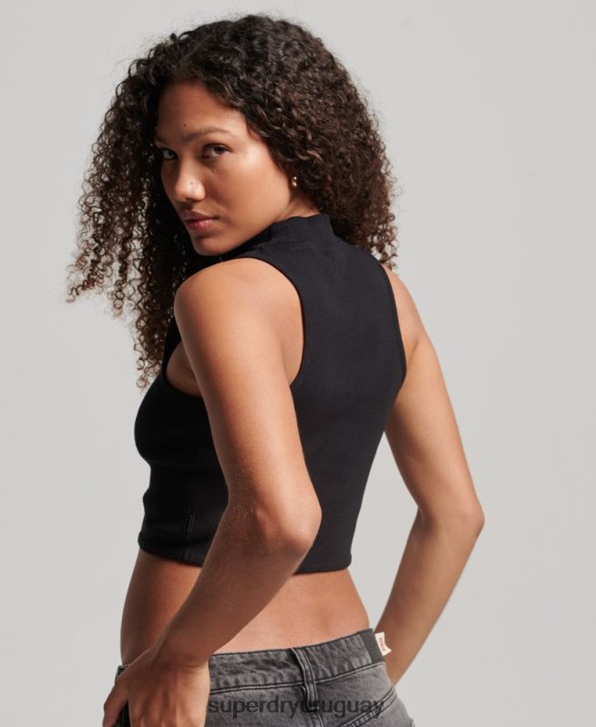uy Superdry mujer camiseta corta sin mangas con cuello alzado negro DT2N8Z2953 ropa