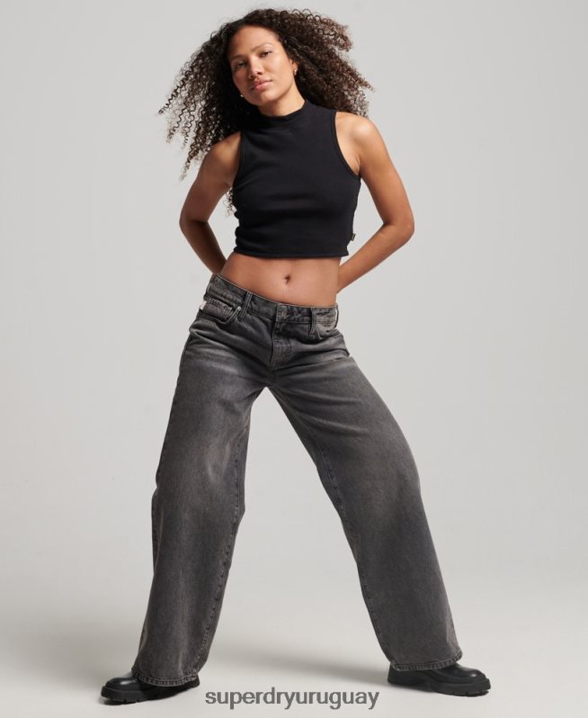 uy Superdry mujer camiseta corta sin mangas con cuello alzado negro DT2N8Z2953 ropa