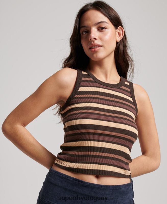 uy Superdry mujer camiseta sin mangas a rayas con aberturas marrón DT2N8Z6715 ropa
