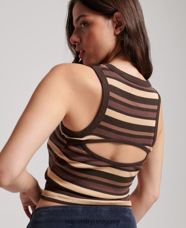 uy Superdry mujer camiseta sin mangas a rayas con aberturas marrón DT2N8Z6715 ropa