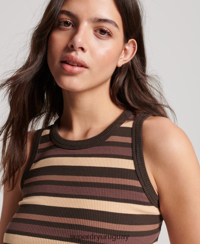 uy Superdry mujer camiseta sin mangas a rayas con aberturas marrón DT2N8Z6715 ropa
