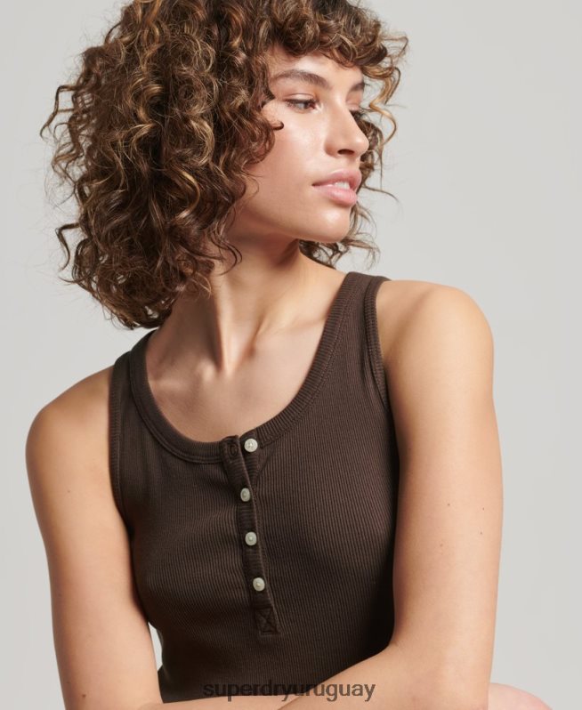 uy Superdry mujer camiseta sin mangas con botones marrón DT2N8Z2939 ropa