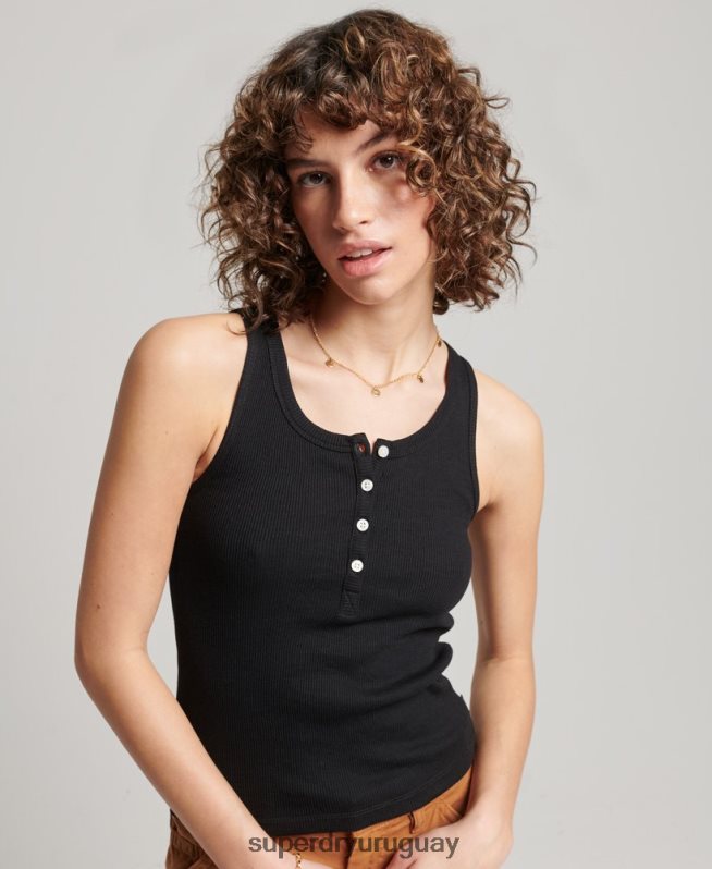 uy Superdry mujer camiseta sin mangas con botones negro DT2N8Z2919 ropa