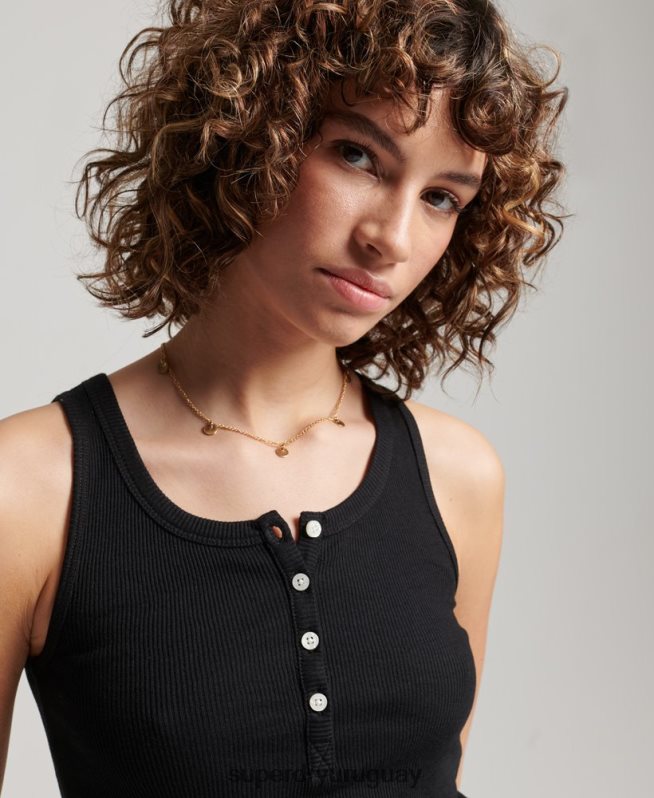 uy Superdry mujer camiseta sin mangas con botones negro DT2N8Z2919 ropa