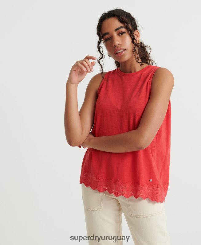 uy Superdry mujer camiseta sin mangas con mezcla de encaje rojo DT2N8Z3080 ropa
