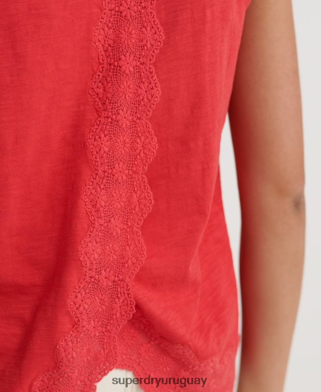 uy Superdry mujer camiseta sin mangas con mezcla de encaje rojo DT2N8Z3080 ropa