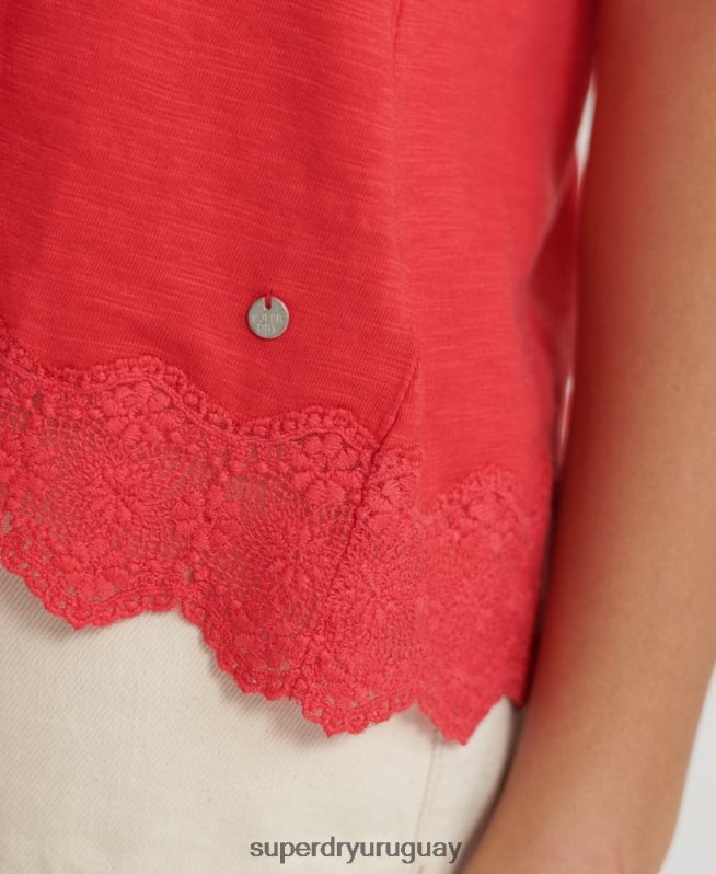 uy Superdry mujer camiseta sin mangas con mezcla de encaje rojo DT2N8Z3080 ropa