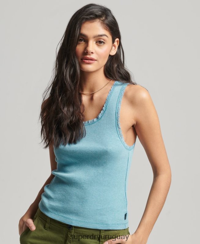 uy Superdry mujer camiseta sin mangas con ribete de encaje azul DT2N8Z2339 ropa