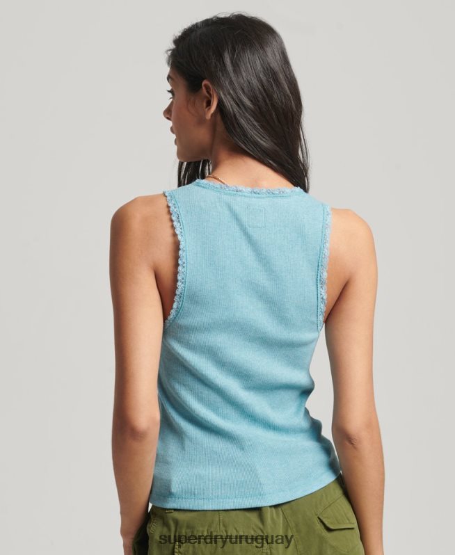 uy Superdry mujer camiseta sin mangas con ribete de encaje azul DT2N8Z2339 ropa
