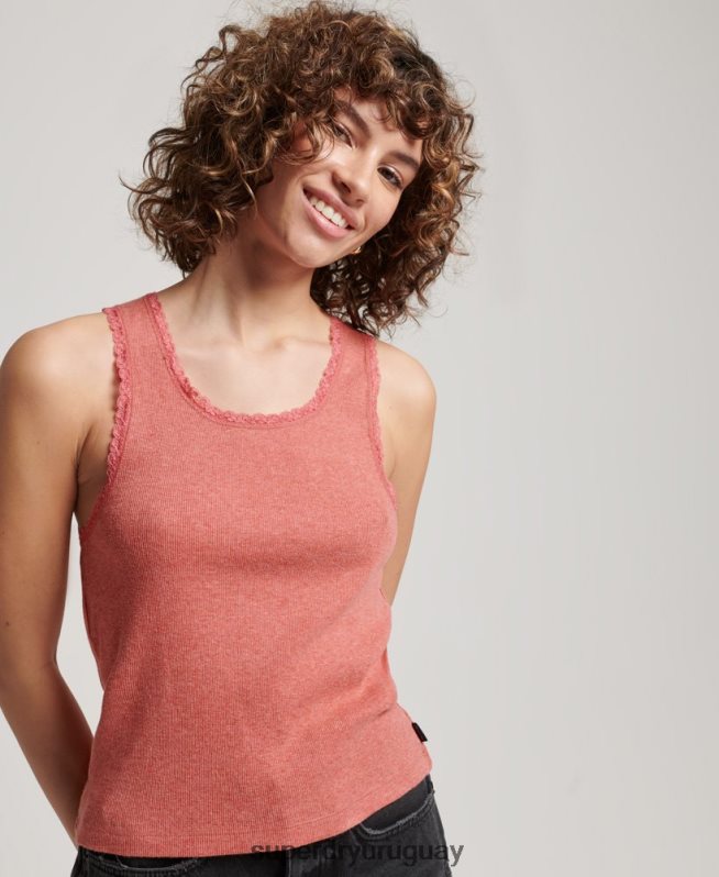 uy Superdry mujer camiseta sin mangas con ribete de encaje coral DT2N8Z2343 ropa