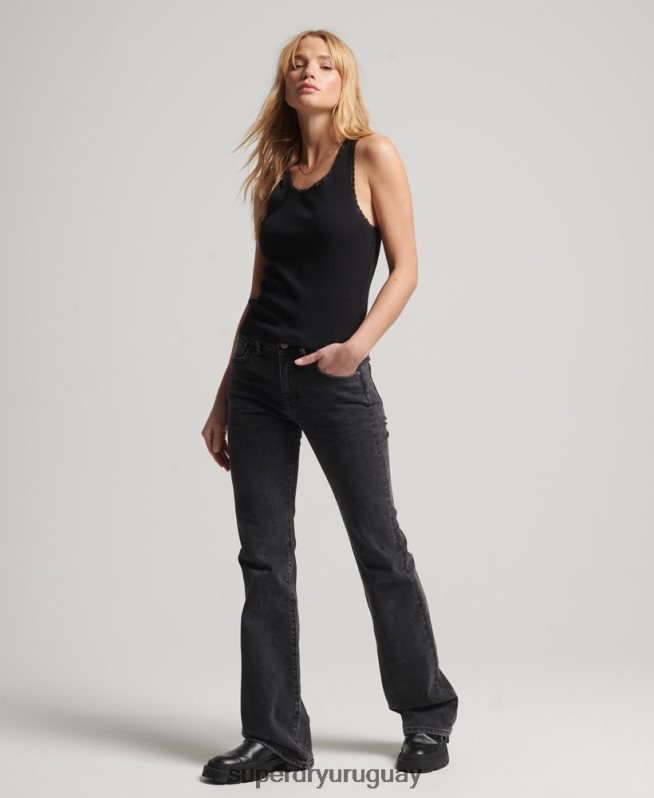 uy Superdry mujer camiseta sin mangas con ribete de encaje negro DT2N8Z2341 ropa
