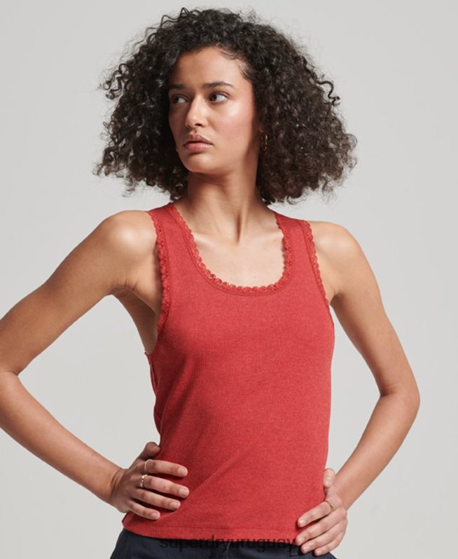 uy Superdry mujer camiseta sin mangas con ribete de encaje rojo DT2N8Z2328 ropa