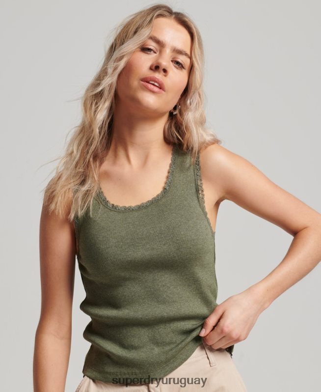 uy Superdry mujer camiseta sin mangas con ribete de encaje verde DT2N8Z1954 ropa