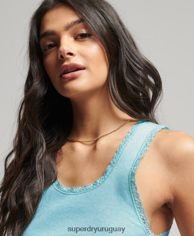 uy Superdry mujer camiseta sin mangas con ribete de encaje verde DT2N8Z2336 ropa