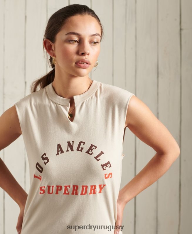 uy Superdry mujer camiseta sin mangas de banda bohemia crema DT2N8Z3079 ropa