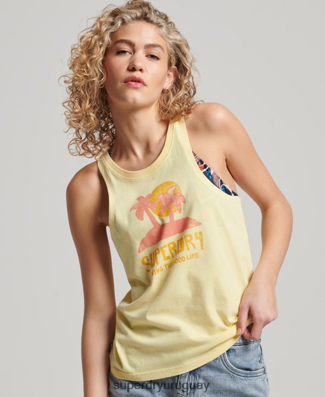 uy Superdry mujer camiseta sin mangas vintage cali con aberturas amarillo DT2N8Z2200 ropa