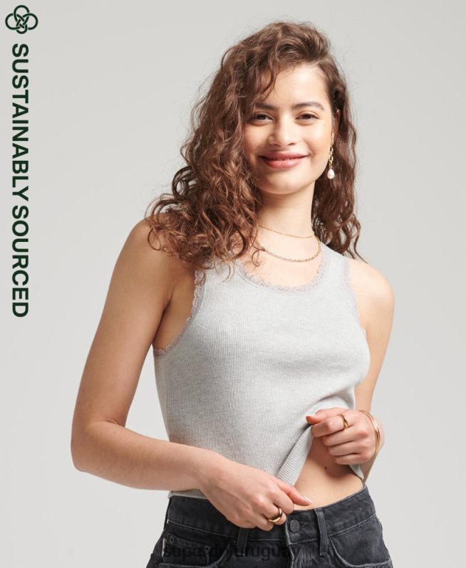 uy Superdry mujer chaleco de algodón orgánico con ribete de encaje vintage gris DT2N8Z2342 ropa