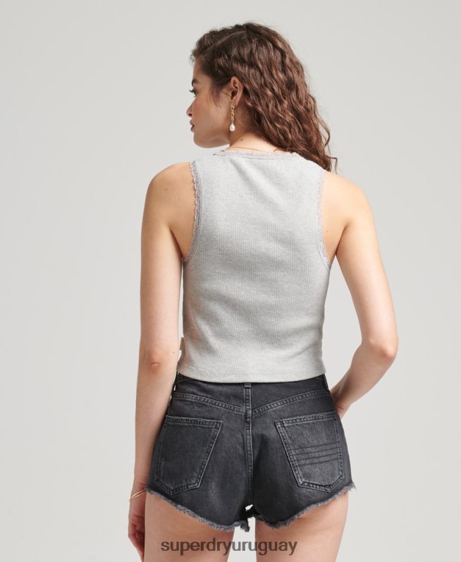 uy Superdry mujer chaleco de algodón orgánico con ribete de encaje vintage gris DT2N8Z2342 ropa