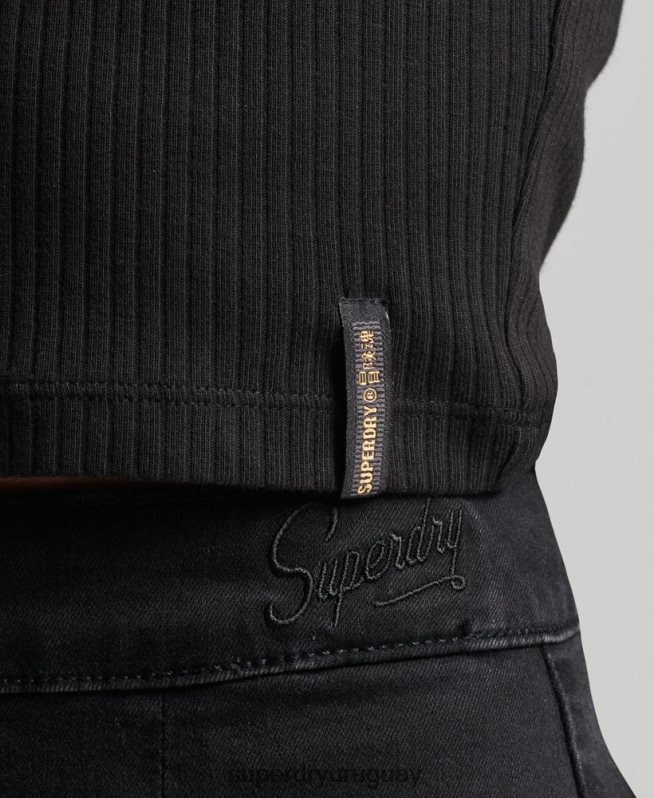 uy Superdry mujer top corto de canalé vintage de algodón orgánico negro DT2N8Z6698 ropa