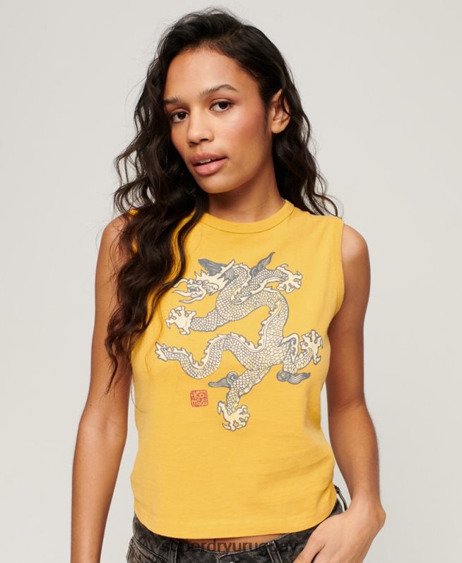 uy Superdry x Komodo mujer parte superior del chaleco de la vendimia amarillo DT2N8Z2166 ropa
