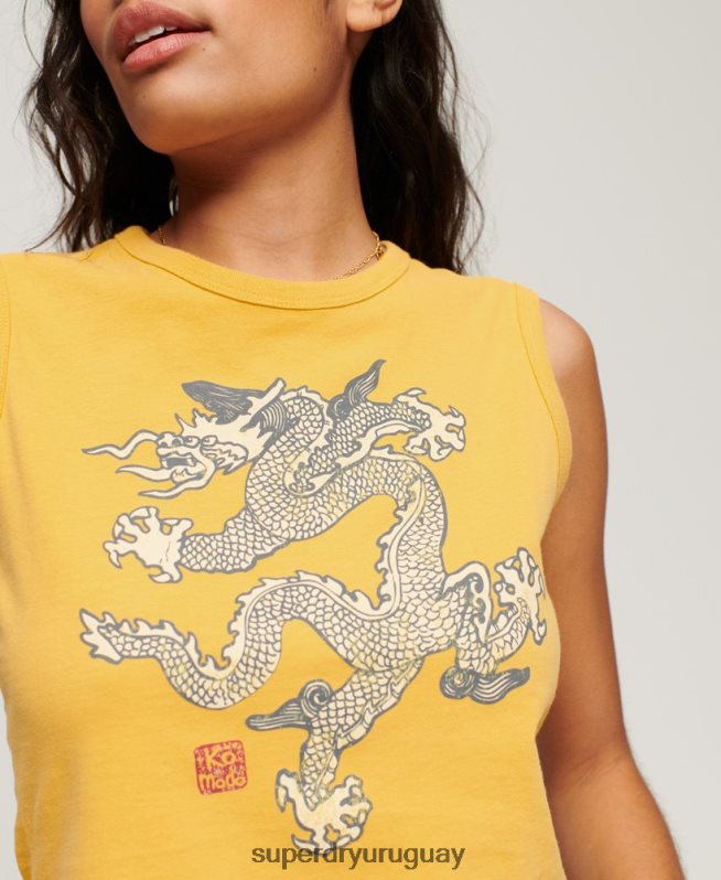 uy Superdry x Komodo mujer parte superior del chaleco de la vendimia amarillo DT2N8Z2166 ropa