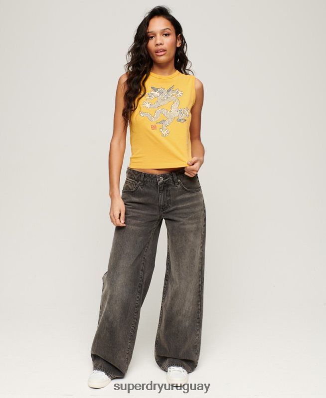 uy Superdry x Komodo mujer parte superior del chaleco de la vendimia amarillo DT2N8Z2166 ropa