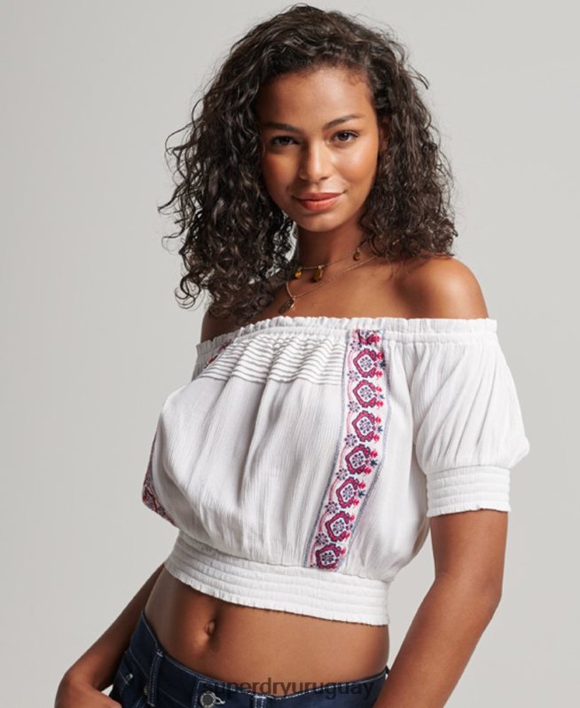 uy Superdry mujer top bordado con nido de abeja blanco DT2N8Z2127 ropa
