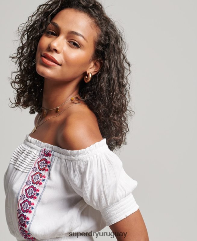 uy Superdry mujer top bordado con nido de abeja blanco DT2N8Z2127 ropa