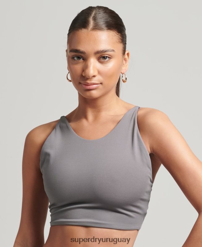 uy Superdry mujer top corto flexible con espalda abierta gris oscuro DT2N8Z6333 ropa