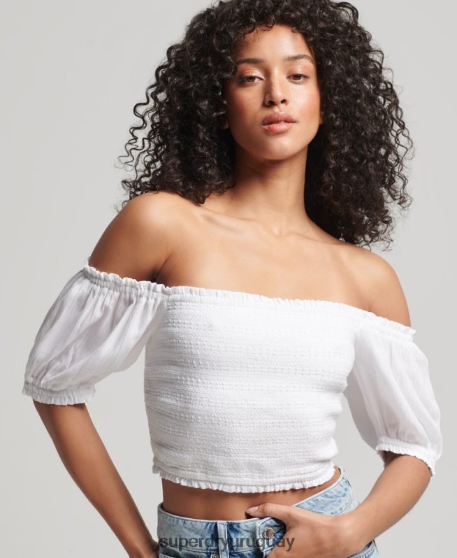 uy Superdry mujer top corto vintage ecovero fruncido blanco DT2N8Z6749 ropa