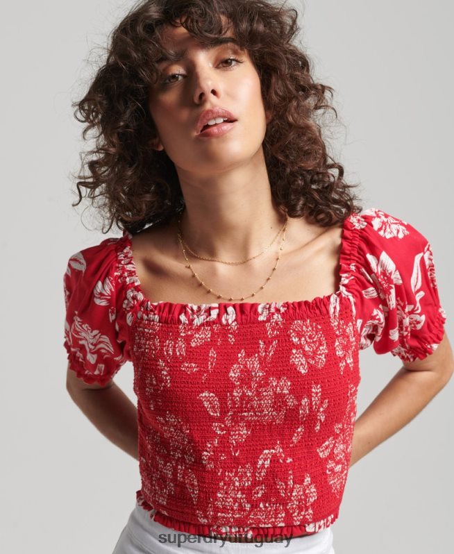 uy Superdry mujer top corto vintage ecovero fruncido rojo DT2N8Z6706 ropa