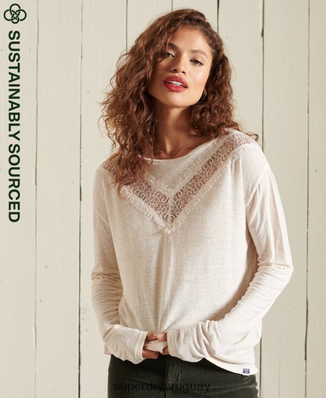 uy Superdry mujer top de encaje con chevron crema DT2N8Z6760 ropa