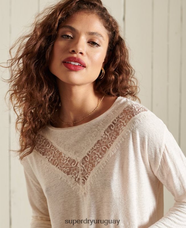 uy Superdry mujer top de encaje con chevron crema DT2N8Z6760 ropa