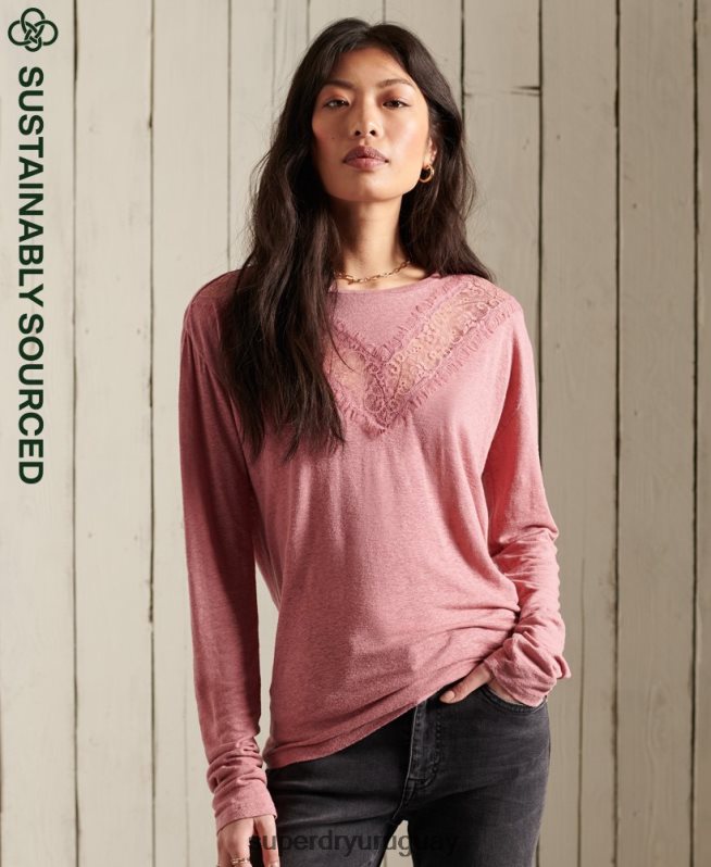 uy Superdry mujer top de encaje con chevron rosa DT2N8Z6623 ropa