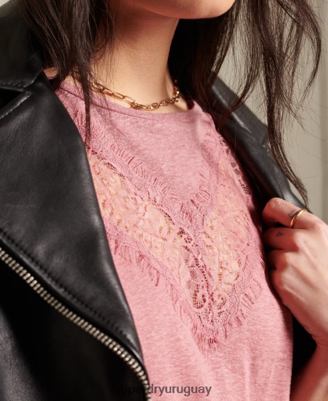 uy Superdry mujer top de encaje con chevron rosa DT2N8Z6623 ropa