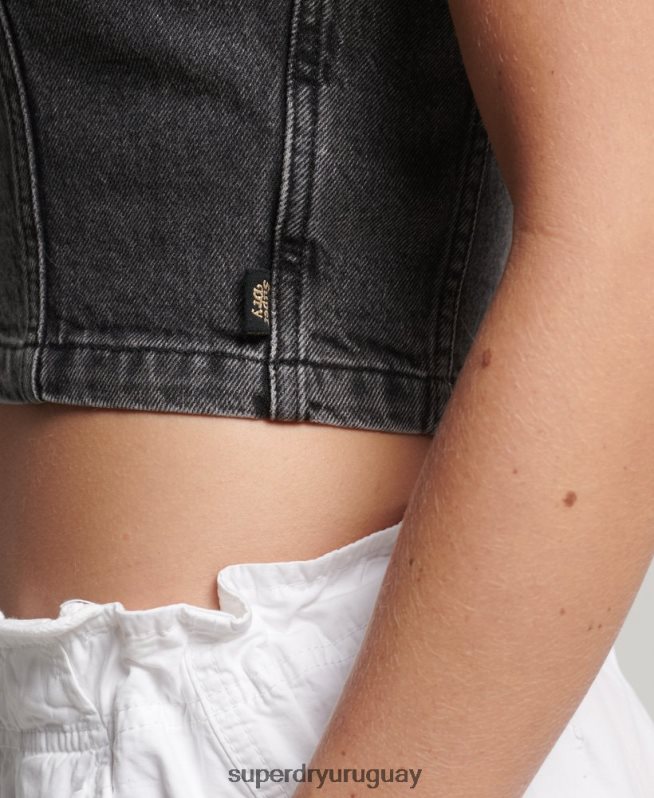 uy Superdry mujer top de mezclilla con cuello y cremallera gris oscuro DT2N8Z2946 ropa