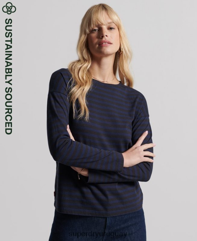 uy Superdry mujer top de rayas gruesas de algodón orgánico gris claro DT2N8Z3054 ropa