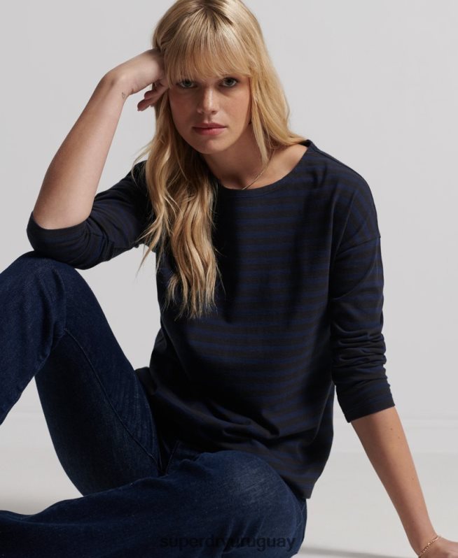 uy Superdry mujer top de rayas gruesas de algodón orgánico gris claro DT2N8Z3054 ropa