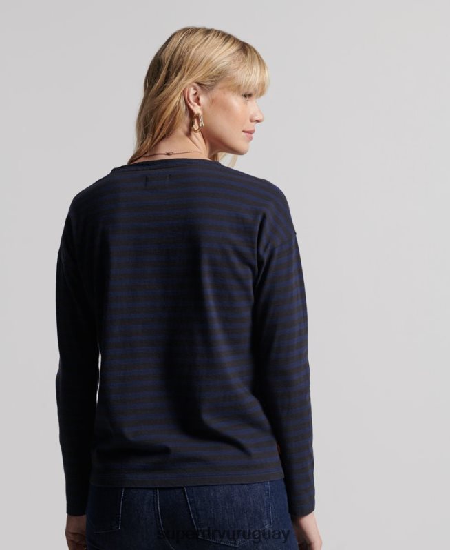 uy Superdry mujer top de rayas gruesas de algodón orgánico gris claro DT2N8Z3054 ropa