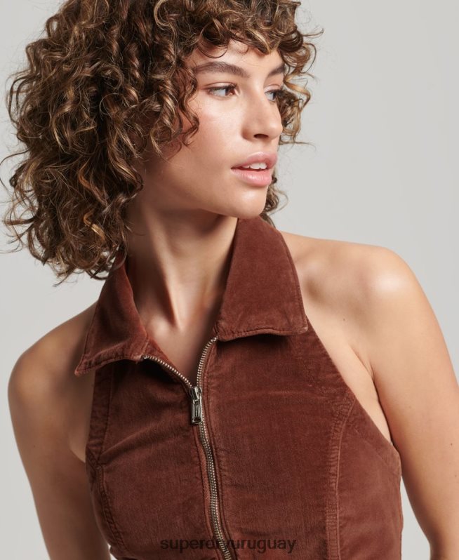 uy Superdry mujer top de terciopelo con cuello y cremallera marrón DT2N8Z2092 ropa