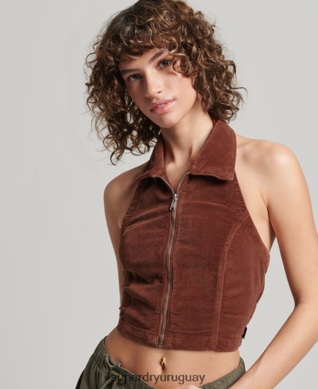 uy Superdry mujer top de terciopelo con cuello y cremallera marrón DT2N8Z2092 ropa