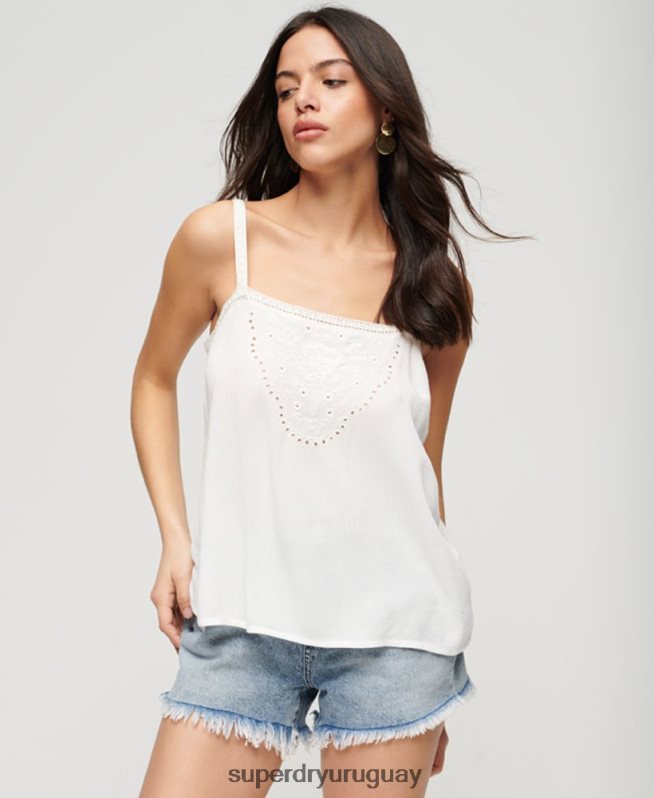 uy Superdry mujer top de tirantes bordado blanco DT2N8Z2057 ropa